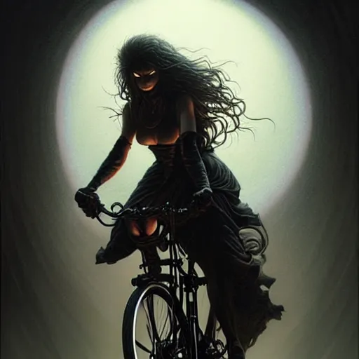 Prompt: portrait of woman riding a man like a bicycle, dark, piercing eyes, exotic expression, esoteric clothing, photorealistic, highly detailed, mysterious lighting, artstation, smooth, sharp focus, art by michael whelan, artgerm, greg rutkowski and luis royo