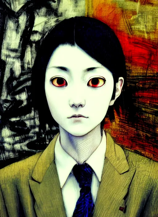 Image similar to yoshitaka amano blurred and dreamy realistic three quarter angle portrait of a young woman with short hair and black eyes wearing office suit with tie, junji ito abstract patterns in the background, satoshi kon anime, noisy film grain effect, highly detailed, renaissance oil painting, weird portrait angle, blurred lost edges