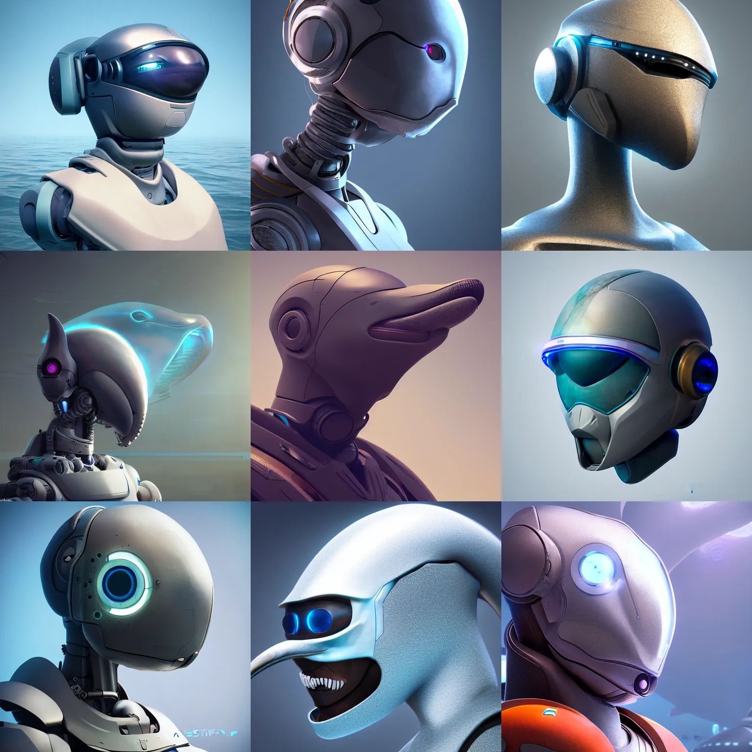 Prompt: speculative fiction art, bust profile picture of a male robotic anthro dolphin, visor screen covering eyes, round shapes, commission on furaffinity, cgsociety, octane render, subnautica