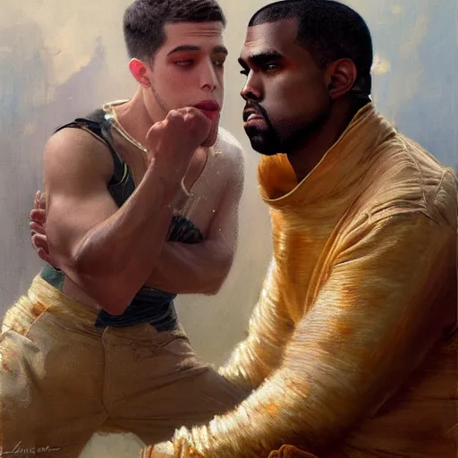 Image similar to a beautiful painting of handsome kanye west fighting handsome pete davidson, rendered art, highly detailed painting by gaston bussiere, craig mullins, j. c. leyendecker 8 k, trending on artstation, art