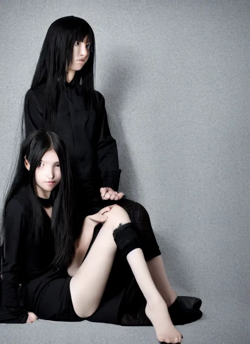 Prompt: a 1 4 year old girl eveline from resident evil 7 with straight long black hair wearing black dress that sitting on bathroom floor, model エリサヘス s from acquamodels