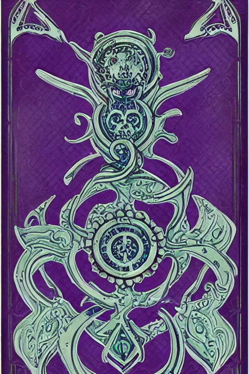 Prompt: A card of a board game, with ornamental edges, symmetrical, Lovecraftian, purple and blue, tzeentch