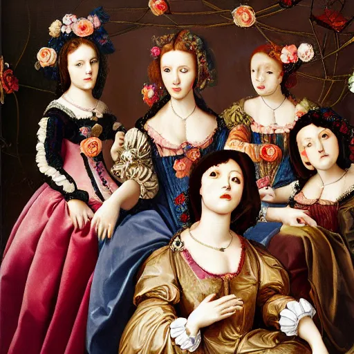 Image similar to renaissance, baroque oil painting of a group of creepy young ladies wearing renaissance long harajuku manga dress with flowers and skulls, background chaotic flowers