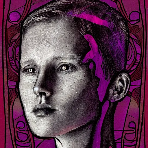 Image similar to portrait of human face inside is out of the skin, art nouveau, cyberpunk, grainy image