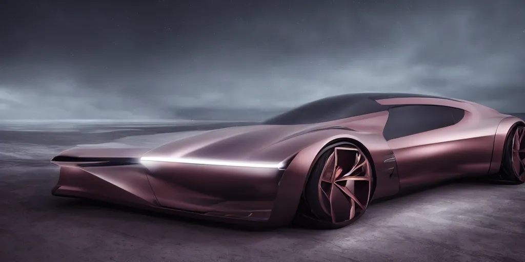 Prompt: a design of a futuristic vehicle, designed by Polestar, night thunderstorm lightning background, brushed rose gold car paint, black windows, dark show room, dramatic lighting, hyper realistic render, depth of field