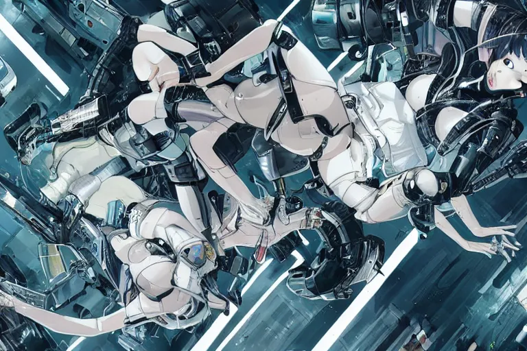 Image similar to a cyberpunk illustration of a group of female androids in style of masamune shirow, lying on an abstract, empty, white floor with their body parts scattered around in various poses and cables and wires coming out, by yukito kishiro and katsuhiro otomo, hyper-detailed, intricate, view from above