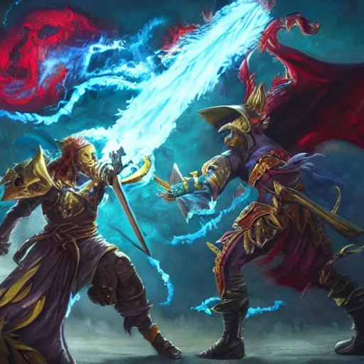 Image similar to A highly detailed oil painting concept art of a sorcerer casting an acid splash spell against a fighter wielding a greatsword, highly detailed concept art.