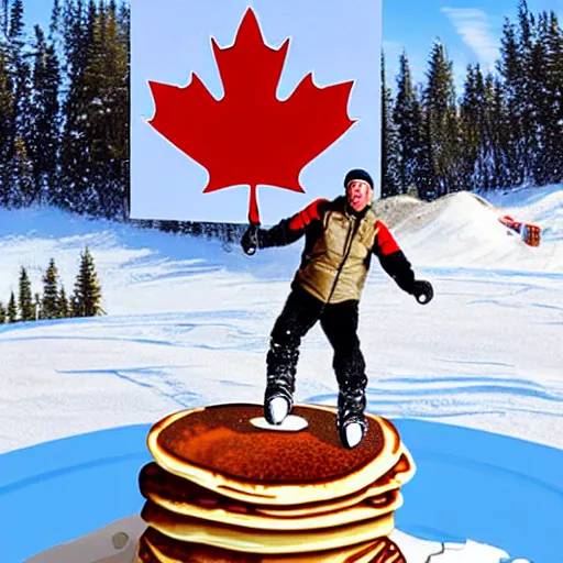 Image similar to a canadian hoser jumping a snowmobile over a giant stack of maple syrup pancakes, photorealistic, hyper realistic