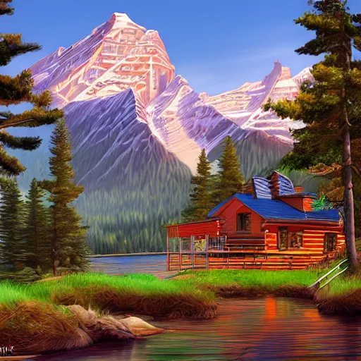 Prompt: digital painting of mountain lake cabin by Arthur Adams , trending on artstation