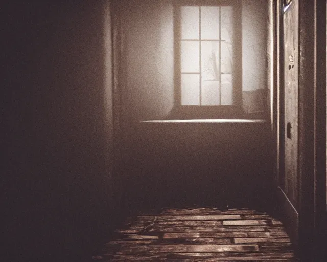 Prompt: Resident Evil 7, American gothic interior, wooden floor, atmospheric, nighttime scene, photorealistic narrow hallway with broken windows, horror