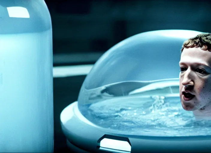 Prompt: film still of mark zuckerberg floating in a tank of milky fluid as a precog in minority report movie, 8 k