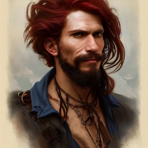 Image similar to portrait of a young ruggedly handsome but easygoing pirate, male, masculine, upper body, red hair, long hair, d & d, fantasy, intricate, elegant, highly detailed, digital painting, artstation, concept art, matte, sharp focus, illustration, art by artgerm and greg rutkowski and alphonse mucha