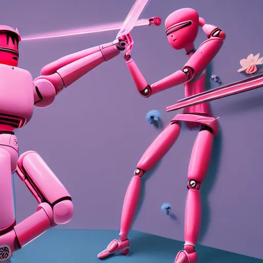 Image similar to a japanese woman battles pink robots, illustrated, detailed, 4 k