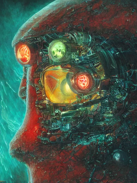 Image similar to closeup portrait of a transparent cyborg hamster with glowing veins, in crushed ship interior, cinematic light, backlight glow, red green, mist, by mikhail vrubel, by philippe druillet, by peter elson, by gerald brom, muted colors, extreme detail, trending on artstation, 8 k