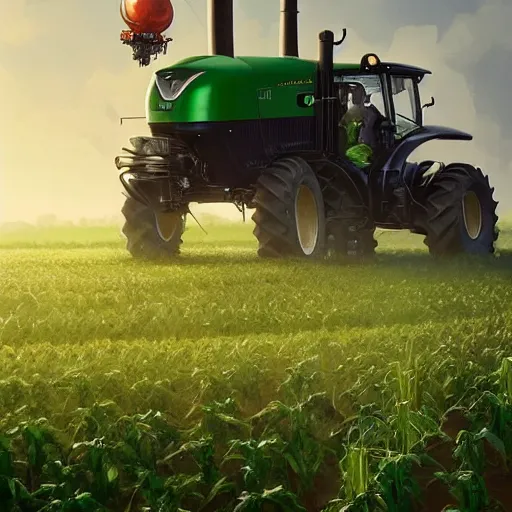 Prompt: huge green farming robot with agricultural tractor in the corn field, sphere shape, robots, humanoid, farming, highly detailed digital painting, artstation, concept art, smooth, sharp focus, illustration, art by artgerm and greg rutkowski, unreal engine