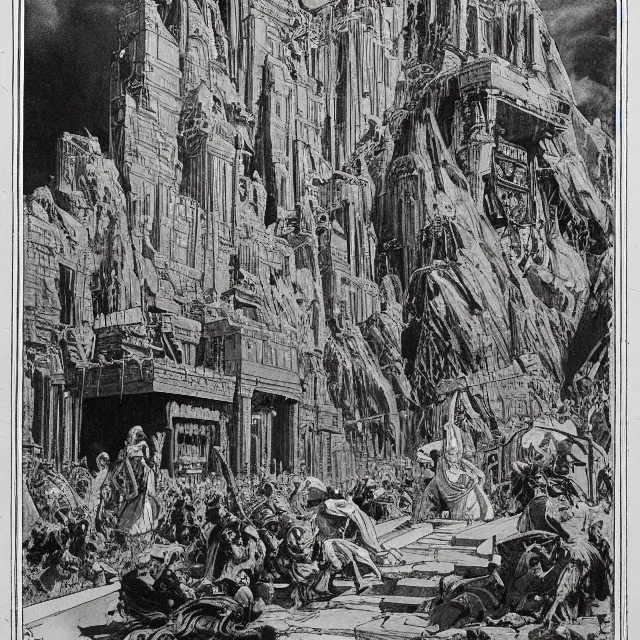 Image similar to artwork by Franklin Booth showing the fall of the city of Babylon