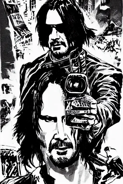 Image similar to keanu reeves, a page from cyberpunk 2 0 2 0, style of paolo parente, style of mike jackson, adam smasher, johnny silverhand, 1 9 9 0 s comic book style, white background, ink drawing, black and white, mid - shot