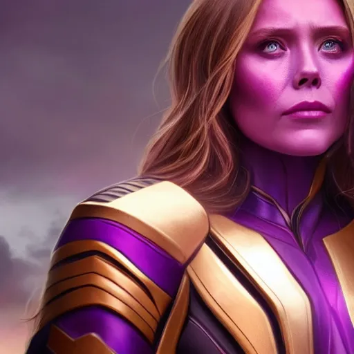 Prompt: Elizabeth Olsen as Thanos, Elizabeth Olsen wearing Thanos attire and makeup, trending on artstation, 4k, 8k.