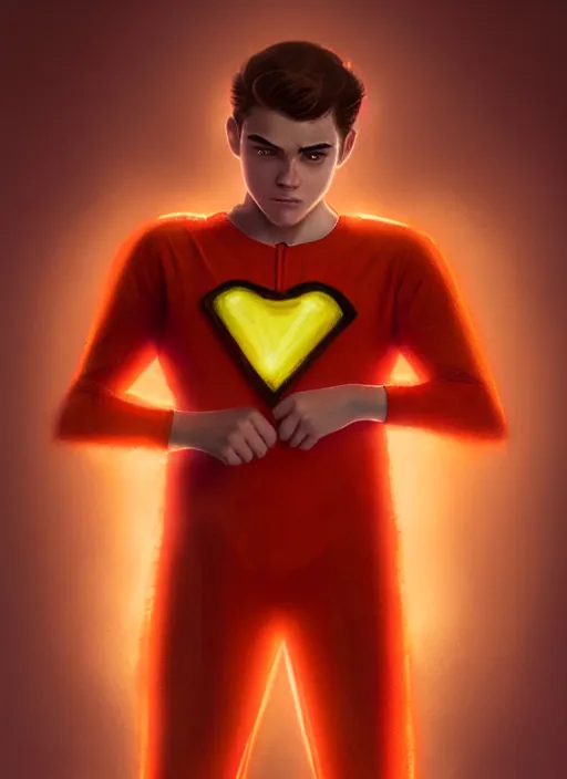 Image similar to kind teenage archie andrews wearing an orange superhero costume, freckles, superhero costume with heart emblem, cape, intricate, elegant, glowing lights, highly detailed, digital painting, artstation, sharp focus, illustration, art by wlop, mars ravelo and greg rutkowski