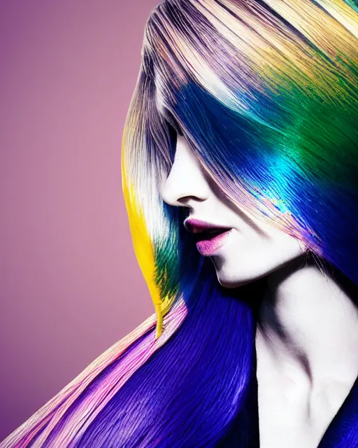 Prompt: dynamic pantene lux hair flip, chic graphic street fashion model, color interference, high fashion photograph portrait, isolated background, WLOP, Alexis Franklin, Felipe Pantone