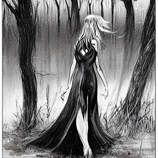 Prompt: tall slender woman with long grey hair in a black dress walking out of a swamp, concept art, high resolution, high quality, highly detailed, digitally painting, elaborate, by ec comics,