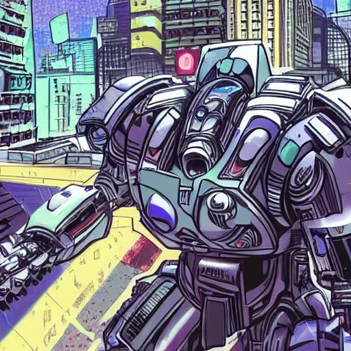 Prompt: cybernetic power armor running at an angle through a city, manga, vivid colors, highly detailed and technical