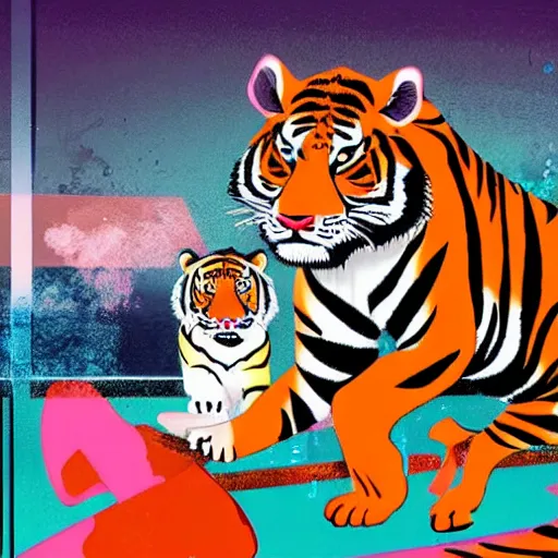 Image similar to A tiger in a lab coat with a 1980s Miami vibe, turning a well oiled science content machine, digital art