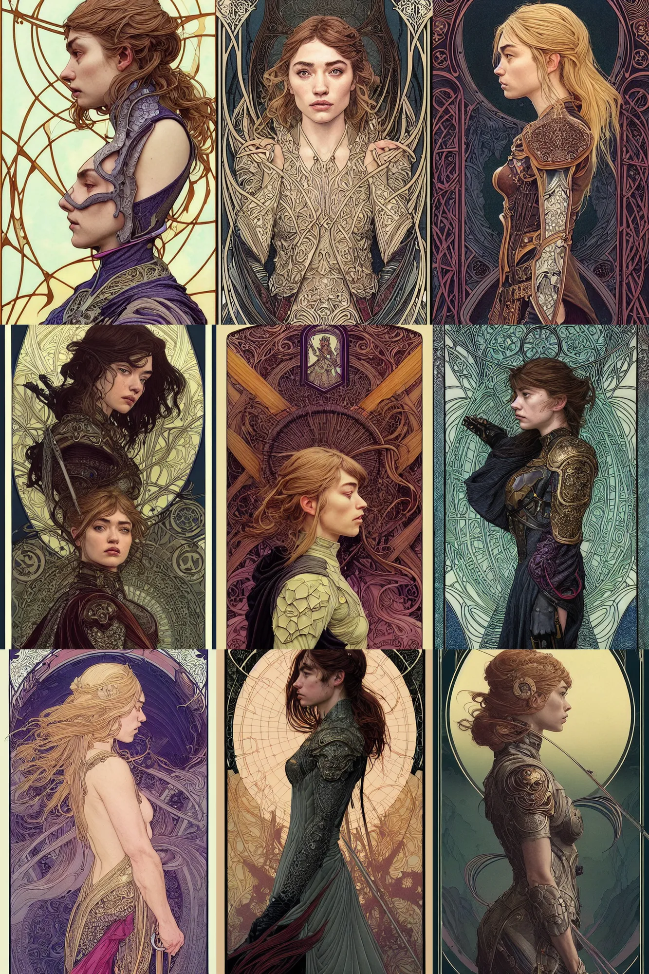 Prompt: side profile portrait, imogen poots paladin, by eve ventrue, casey weldon, charles vess, martine johanna, artgerm, jakub rebelka. art nouveau. neo - gothic tarot card by mucha. dota. swirly intricate linework background. gaudy colors, sharp edges. ultra clear detailed. 8 k. elegant