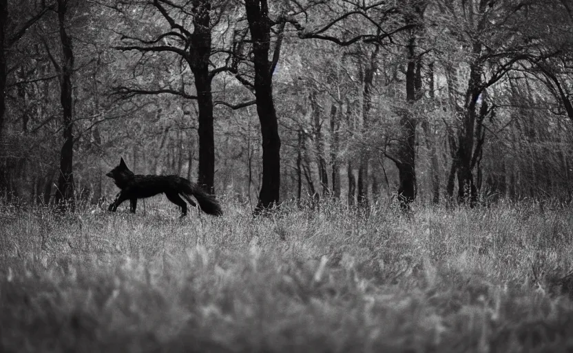 Prompt: giant black wolf sleeping, oak trees, epic scene, pinhole effect, analogue photo low quality, motion blur, unfocus focus, 35mm