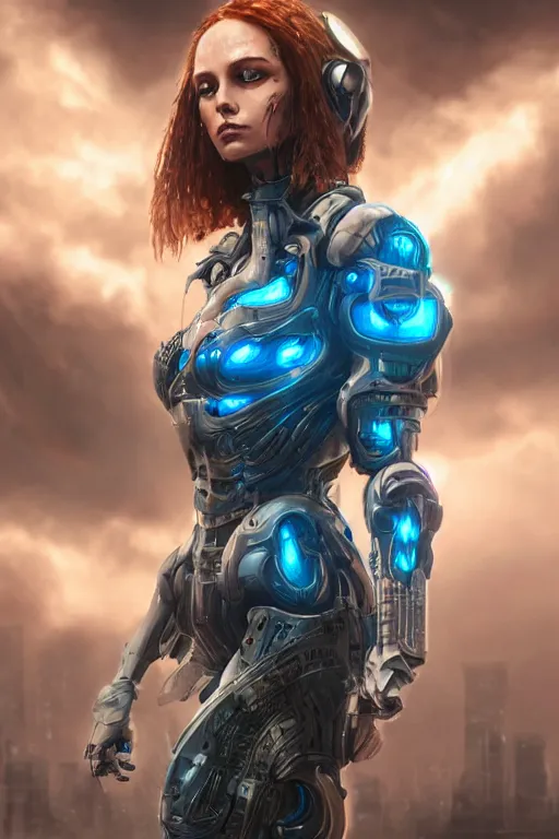 Image similar to ultra realist and ultra intricate detailed soft painting of a beautiful sci-fi armored female, thin lustrous long auburn hair shaved on one side, symmetry features, glowing blue eyes, sensual gloomy style, volumetric clouds, cyberpunk background, artstation, unreal render, depth of field