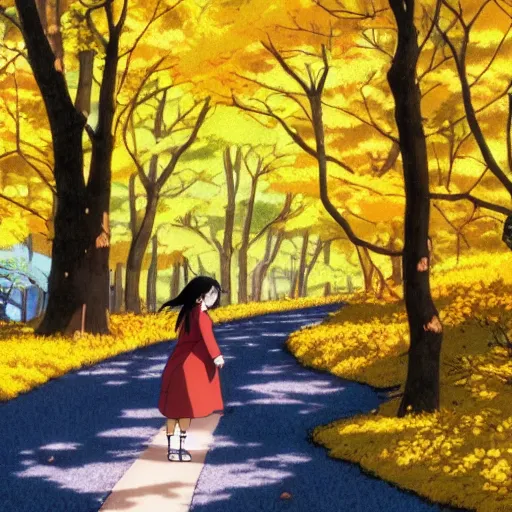 Image similar to anime visual of chubby hispanic woman wearing a yellow coat with long dark brown hair with bangs walking in the scenic park in fall, detailed, studio ghibli, exquisite lighting, clear focus, very coherent, art by hayao miyazaki,