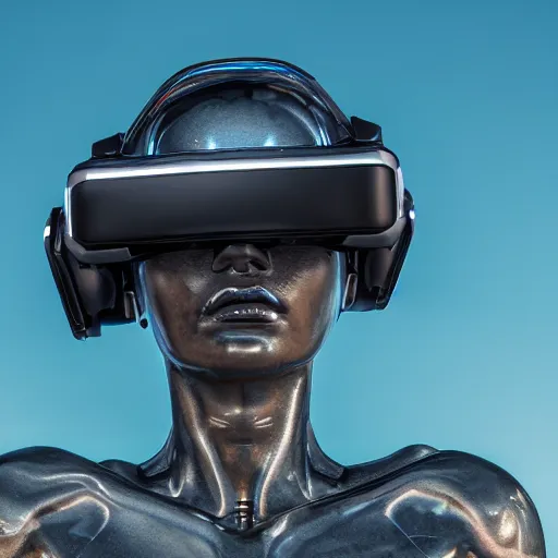 Image similar to the head of a marble cybernetic lady justice statue wearing a virtual reality headset on ground covered in sand, cyberpunk background, highly detailed, epic lighting, hyper photorealism, 8 k