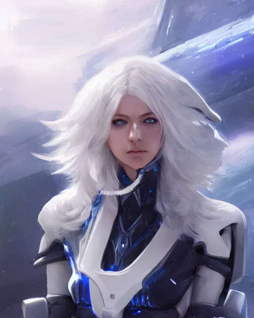 Image similar to perfect white haired girl, warframe armor, beautiful, pretty face, blue eyes, detailed, windy weather, scifi, platform, laboratory, experiment, 4 k, ultra realistic, epic lighting, high detail, masterpiece, by akihito tsukushi, charlie bowater, ross tran