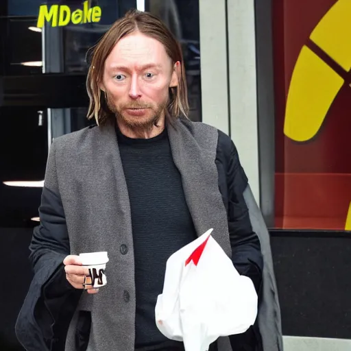 Image similar to thom yorke as a zombie eating people at mcdonalds in london