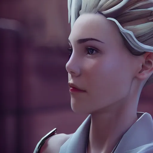 Image similar to film still of a beautiful young woman who looks like a mercy from overwatch in a movie by zack snyder, random background scene