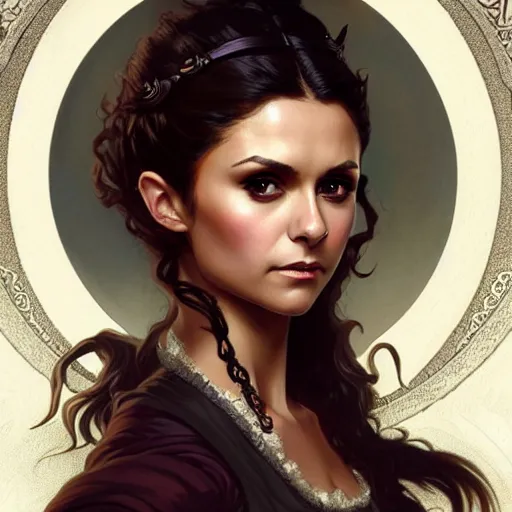 Image similar to Nina Dobrev dressed in a victorian fashion, D&D, fantasy, intricate, elegant, highly detailed, digital painting, artstation, concept art, matte, sharp focus, illustration, art by Artgerm and Greg Rutkowski and Alphonse Mucha