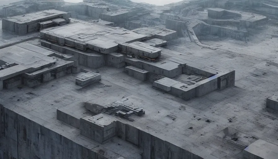 Image similar to big brutalist imperial military base on cliffs, drawing architecture, very long shot, top angle, imperial architecture in rogue one, pritzker architecture prize, brutalism architecture, jan urschel, greig fraser