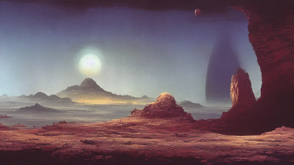 Image similar to otherworldly atmosphere and the first spaceship on venus by arthur haas and bruce pennington and john schoenherr, cinematic matte painting