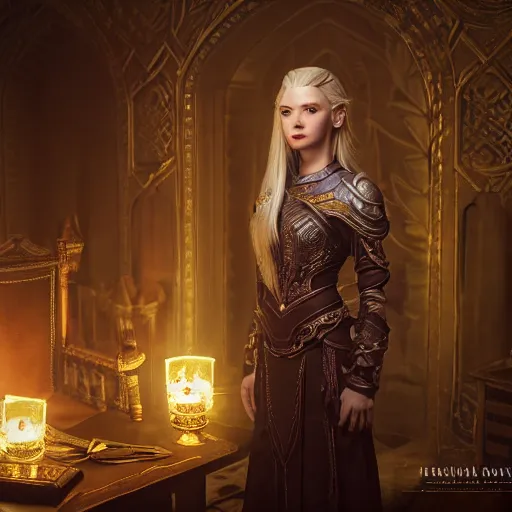 Prompt: the elder scrolls vi, charismatic rega blonde high elf female jarl, portrait, throne room, atmospheric lighting, painted, intricate, volumetric lighting, beautiful, daytime, sunny weather, slight overcast, sharp focus, deep colours, ultra detailed, by leesha hannigan, ross tran, thierry doizon, kai carpenter, ignacio fernandez rios