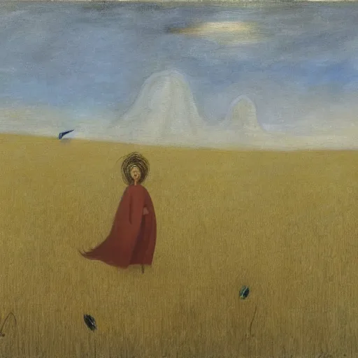 Image similar to by Leonora Carrington, a brown haired giantess rising above a field of wheat. Cats are playing. Oil painting, high res, art museum quality.