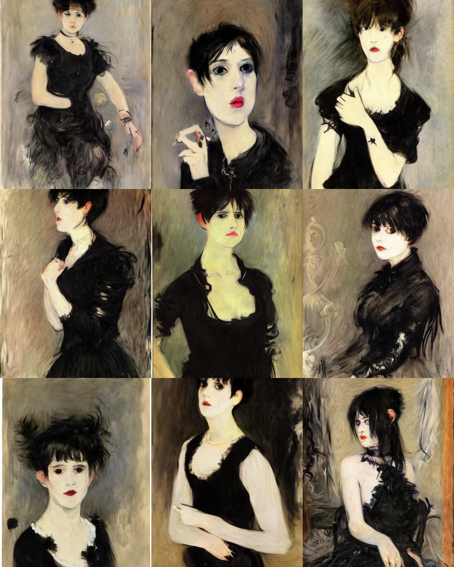 Prompt: A goth portrait by Berthe Morisot. Her hair is dark brown and cut into a short, messy pixie cut. She has a slightly rounded face, with a pointed chin, large entirely-black eyes, and a small nose. She is wearing a black tank top, a black leather jacket, a black knee-length skirt, a black choker, and black leather boots.