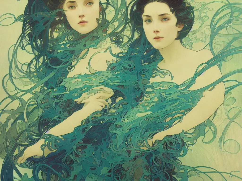 Image similar to blue and green waves, artstation, concept art, smooth, sharp focus, illustration, art by alphonse mucha and tian zi and WLOP