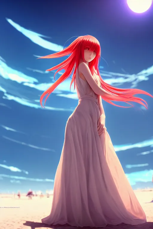 Prompt: Dark infrared octane render panoramic shot of a beautiful anime girl in a long white dress on a beach. Red hair, dramatic lighting, trending on artstation. Pixiv, Hyperdetailed, Ultra HD, WLOP, Rossdraws, James Jean Marc Simonetti, Ruan Jia and Mandy Jurgens and Artgerm and William-Adolphe Bouguerea, Sakimichan, Yuru camp, Illustration, digital art, concept art, manga cover
