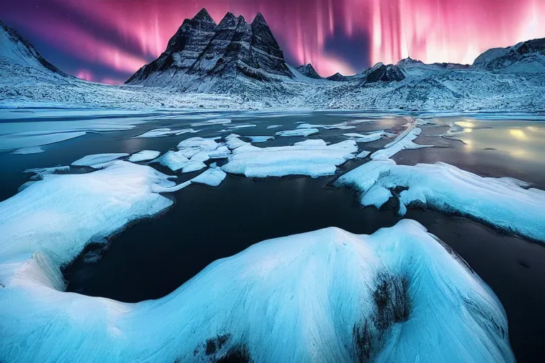 Image similar to beautiful landscape photography by marc adamus, mountains, northern lights