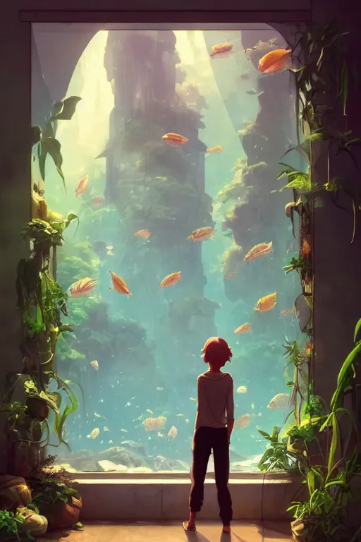 Prompt: beautiful scene render of a person looking at the goldfish in the fish tank, dimly lit bedroom, green plants, perfectly shaded, atmospheric lighting, style of makoto shinkai and peter mohrbacher, studio ghibli. artgerm, karol bak, beeple, animation style, 8 k hd, ultra wide angle, hyper detailed