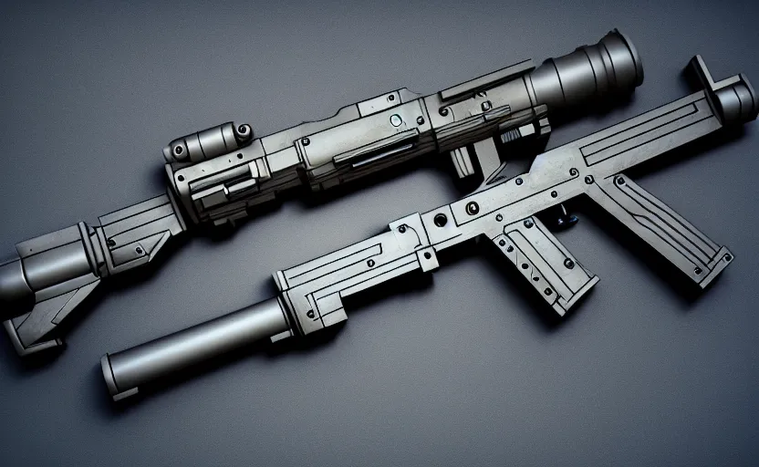 Image similar to futuristic submachine gun, studio lighting, octane render, photorealistic, highly detailed, trending on artstation, weapon concept art, weaponry concept designs