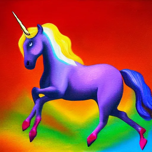 Image similar to unicorn walking on a rainbow, in the style of caravagio, oil painting