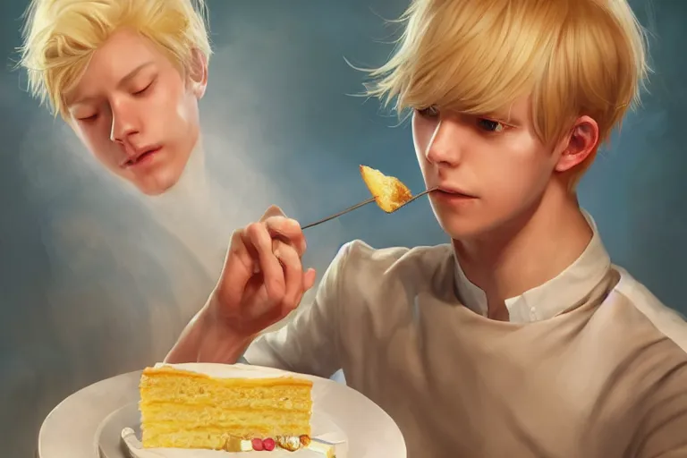 Prompt: Portrait of a Delicate blond male prince Lucius eating the most delicious cake in the world, 4k digital illustration by Artgerm, wlop, James Jean, Andrei Riabovitchev, Marc Simonetti, yoshitaka Amano, Artstation, CGsociety