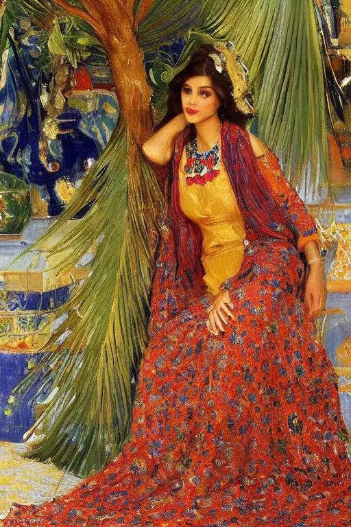 Image similar to gorgeous iranian girl wear detailed golden blue dress lay down on a detailed persian carpet, a big tree palm persian pot, painting by john singer sargent