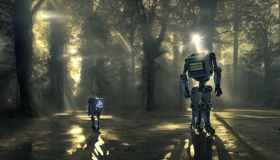 Image similar to walking robot covered in shining chrome armor, many reflections, many large glowing lights, solarpunk!!, beautiful forests and trees, sun rays, cinematic, concept art, trending on artstation, masterpiece.